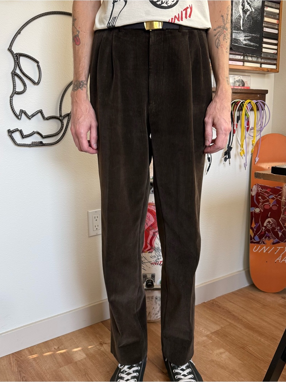 Vintage 80s 90s Brown Corduroy High Waisted Pleated Trousers ~ 36 X 32